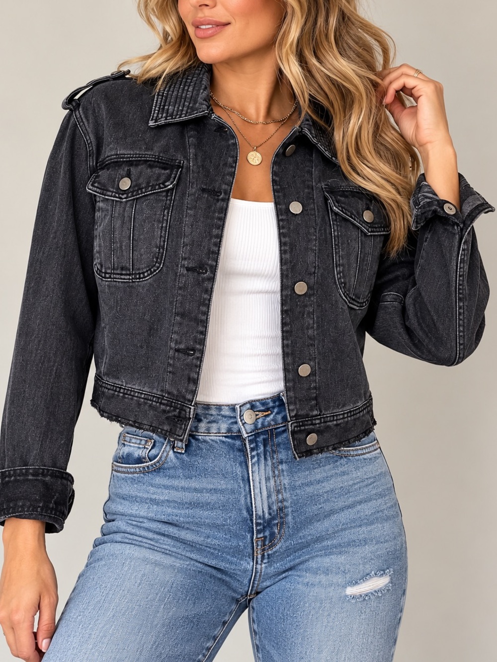 BBJ Los Angeles Cropped Denim Trucker Jacket Black Raw Hem Size Large
